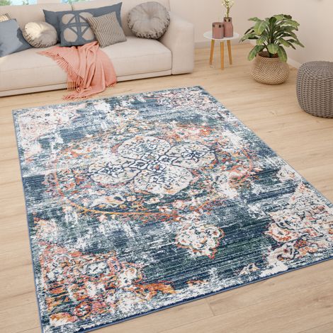 Paco Home Teppich Wohnzimmer Kurzflor Vintage Pastell Modernes Orientalisches Muster 60x100 cm, Blau