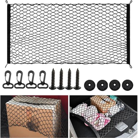 Lntyq Filet de Rangement Coffre de Voiture, Filet de Rangement pour Bagages avec 4 Crochets Bagages Fixe en Extensible pour Plupart des Voitures, Taille Originale 110x60cm (1/5)