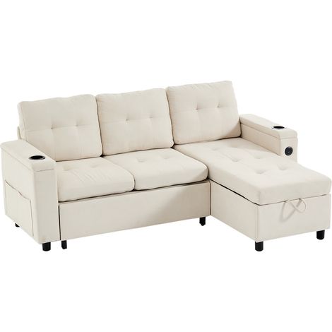 ELVMI Canapé d'angle Convertible 3 Places avec Rangement Caché, LED, USB et Porte-gobelets, en Tissu Beige (1/5)