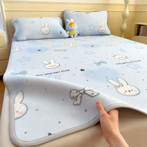 Tapis de lit rafraîchissant d'été en soie glacée 120x200 cm et 1 taie d'oreiller motif Lapin étoiles à pois 120cm 200cm réf 6256 300 g – Livraison gratuite
