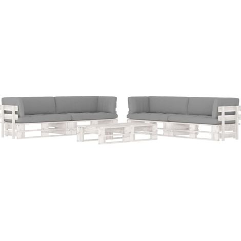 Salon de jardin palette 6 pcs et coussins Pin imprégné de blanc