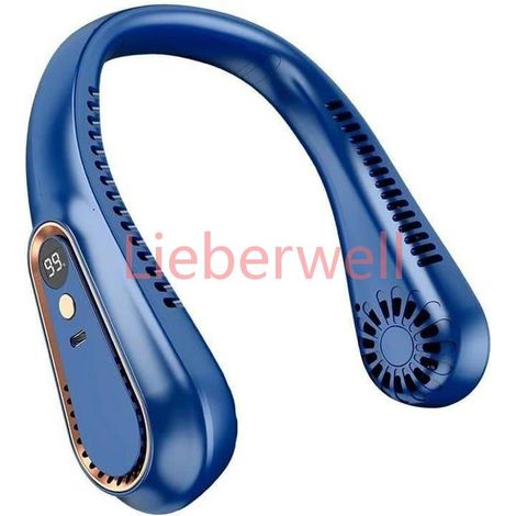 Ventilateur de cou sans fil , Belle commode , Rechargeable USB , Sans pales , Affichage numérique , 5 vitesses , Bleu (1/5)