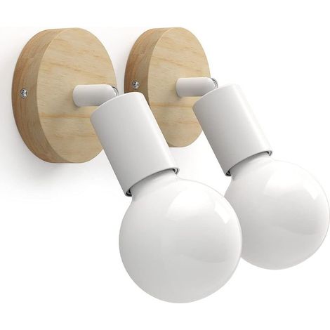 Lot de 2 Applique Murale Interieur en Bois Vintage Lampe Murale 180° Rotative Rétro Industrielle E27 Appliques pour Chambres, Salons, Escaliers, Couloir (sans Ampoule),Blanc (1/5)
