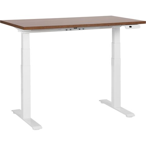 Bureau Électrique Hauteur Réglable Design Moderne Pieds Carrés 120 x 72 cm Plateau Bois Foncé et Cadre Acier Blanc DESTINES