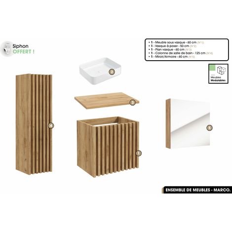 Ensemble complet de salle de bain - Meuble - Colonne - Miroir - Vasque à poser avec Siphon OFFERT MARCO Oak 60 x 56 x 45 cm (1/5)