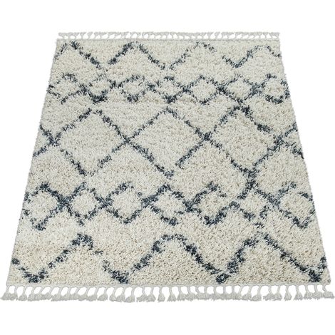 Paco Home Shaggy Teppich Wohnzimmer Hochflor Modern Karomuster Rauten In Creme Blau 80x150 cm