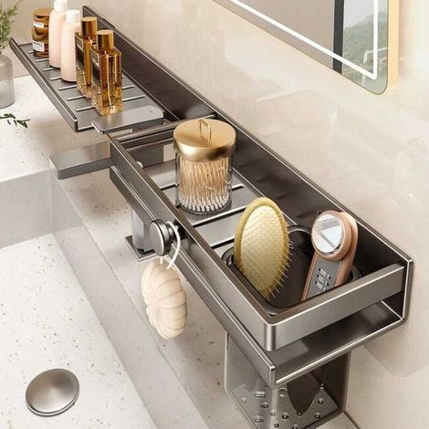 Mensola a muro per rubinetto da bagno, non richiede foratura, alluminio grigio scuro 50x104,8 cm (1/4)
