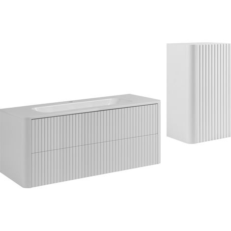 Ensemble de meubles de salle de bain, 2 tiroirs, 1 porte, fermeture douce, façades rainurées, Blanc, 120,3 x 43,7 x 48,4 cm (1/5)