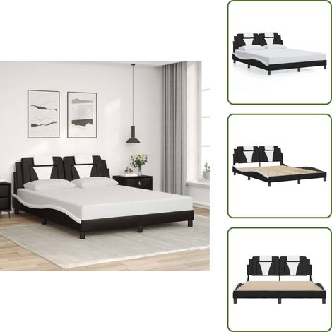 The Living Store Cadre de lit sans matelas noir et blanc 160x200 cm similicuir - Lit Double - Cadre De Lit - Tête De Lit - Similicuir - Design Moderne (1/5)
