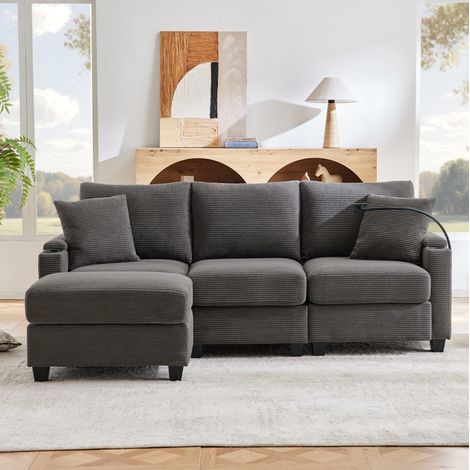 Sofá Esquina 213,5x139x87 Cm Pana Gris Oscuro, Modulable Puf Y Puerto USB (1/5)