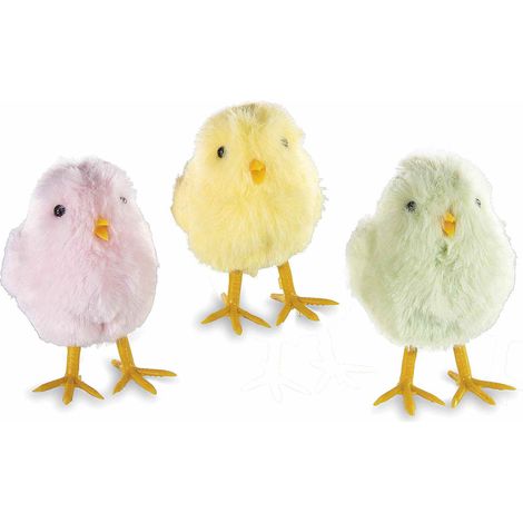 Pulcini pasquali decorativi in morbido eco fur colorato da appoggiare, set da 12 pezzi, cm 6 x 7 x 9,5 H