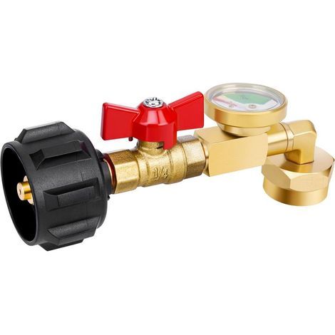 Propane Converter 20lb to 1lb – Camping Valve with Pressure Gauge Glow in Dark – Upgraded 90 Degree Elbow Fill 1lb Bottles from 20lb Tanks – Compatible Heaters Grills Stoves (1/4)