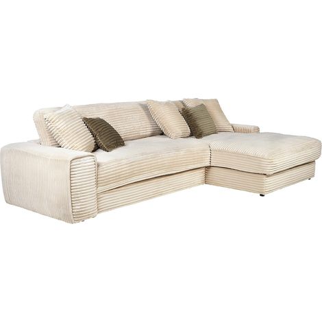 Pascal Morabito – Canapé d'angle droit 5 places en velours côtelé grosses côtes beige – Déhoussable – Coussins inclus – Confort équilibré – Fabriqué en Europe