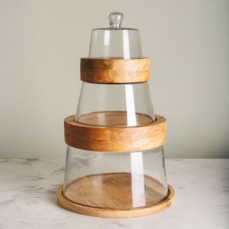 Ensemble 3 plateaux et cloches superposables verre et manguier 46x30x30cm (1/5)