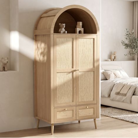 Armoire 2 portes et 2 tiroirs MDF effet chêne et beige 80 x 55 x 180 cm OKWISH (1/5)