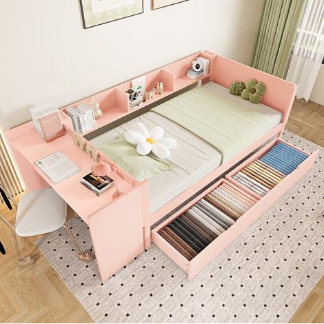 Cama dormitorio con escritorio y cajones rosa OKMYHOME (1/5)