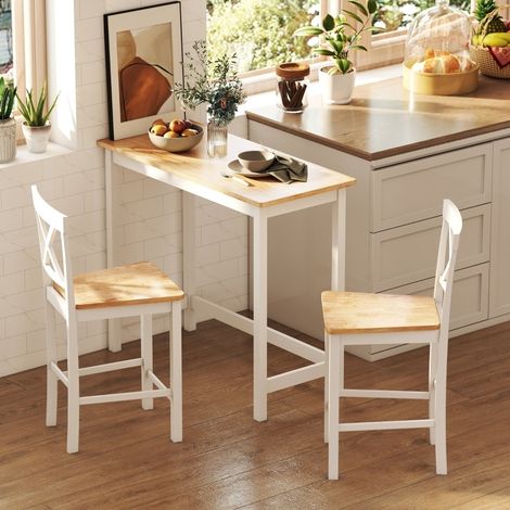 Table de bar en bois d’hévéa 108 x 48 x 91 cm, effet chêne, blanc, compacte 2 personnes (1/5)