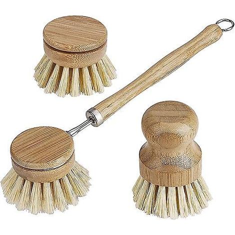 brosse Vaisselle En Bois De Bambou Naturel, Brosse Poils Longs Avec 1 Tte De Rechange, Passe Au Lave-vaisselle Pour Nettoyer Les Casseroles De C (1/5)