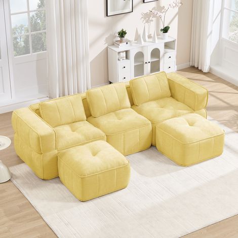 Sofá modular en U de 3 plazas con 2 otomanas, tejido de poliéster amarillo, 271 cm (1/5)
