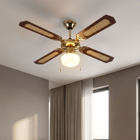 Deckenventilator Ventilatorleuchte, Sommer Winter, Zugschalter 3 Stufen, Glas opal, MDF braun, 1x E27, D 105 cm