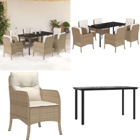 7-tlg. Garten-Essgruppe mit Kissen Beige Poly Rattan - Gartentisch - Gartenstuhl (1/5)