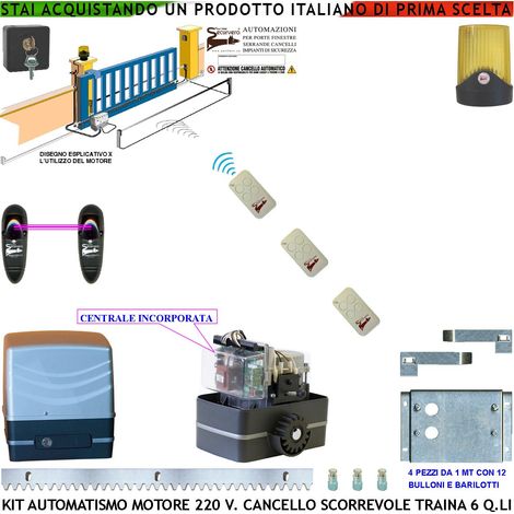 KIT AUTOMATISMO CANCELLO SCORREVOLE DA 4 MT MOTORE 220 V CON CENTRALE TRAINA 6 Q.LI 3 RADIOCOMANDI FARO ANTENNA SELETTORE FOTOCELLULE (1/4)