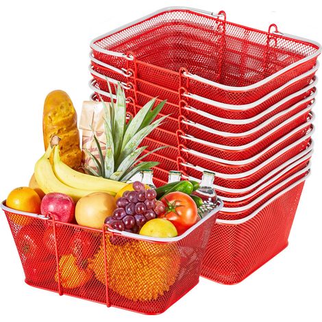 Panier de Courses en Métal Panier à Provisions Empilables, Lot de 12, 22 L avec Poignées, Structure en Maille Dense, Charge 20 kg, pour Épicerie, Vente au Détail, Magasins, Supermarchés, Rouge (1/5)