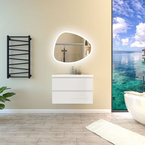 Ensemble de meubles de salle de bain Brillance Blanc 80cm, Vasque Céramique + Miroir Lumineux Asymétrique avec 3 Couleurs