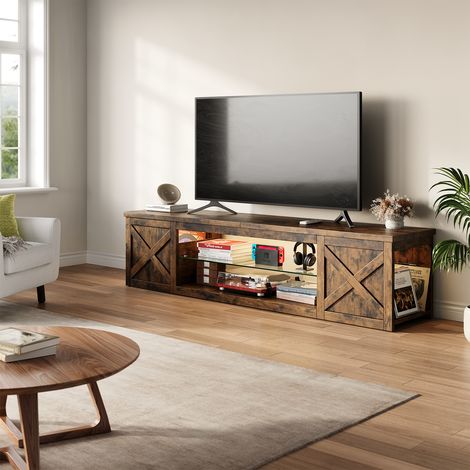 Meuble TV LED 180 cm PATBRELA - RGB APP, Style Industriel, Étagère Réglable, Rangement, TV jusqu'à 80 Pouces - Coloris Bois Brûlé (1/5)