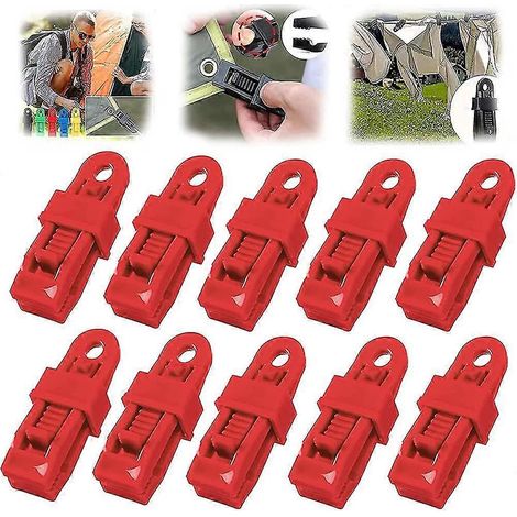 Lot de 10 poignées de verrouillage robustes et réglables pour bâches et pare-soleil, clips de pare-soleil en plastique, clips de bâche réutilisables, rouges. (1/4)