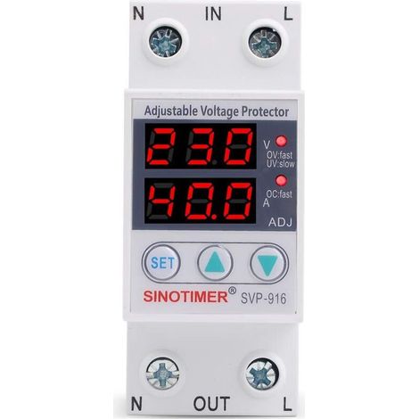 Einstellbarer Spannungsschutz 40 A – Unterspannungs- und Überstromschutzrelais – Duale digitale LED-Anzeige – 35-mm-DIN-Schiene – 230 V Wechselstrom – SVP-916 (1/5)