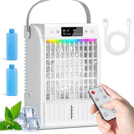 Mini Raffrescatore d'aria 4 in 1，Serbatoio dell'acqua da 1500 ml，4 velocità，2 impostazioni di nebulizzazione，Illuminazione LED RGB，Bianco (1/5)