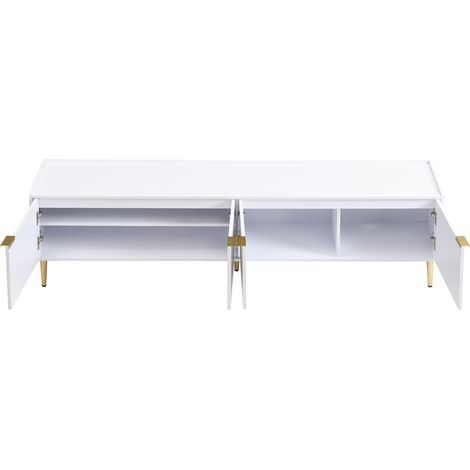 Armoire de télévision, meuble de style lowboard avec une porte structurée. Meuble de télévision doté de poignées dorées et de pieds également dorés. Dimensions : 170 L x 35 B x 47,5 H (cm). (1/5)