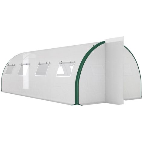 Serre tunnel de 6 x 3 m avec 2 entrées et 8 fenêtres, en PE, polyester et acier galvanisé, blanc et vert (1/5)