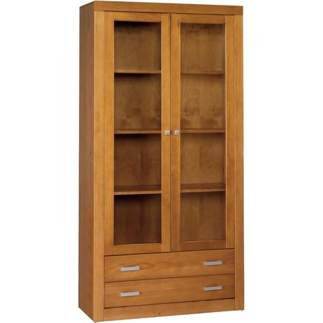 Moblit Vitrina de Dos Puertas y Dos Cajones Realizada en Madera de Pino Macizo Color Cerezo Claro Serie Kalpe Medidas (200X100X37) cm  (Alto-Ancho-Fondo)  Robusta Y Duradera