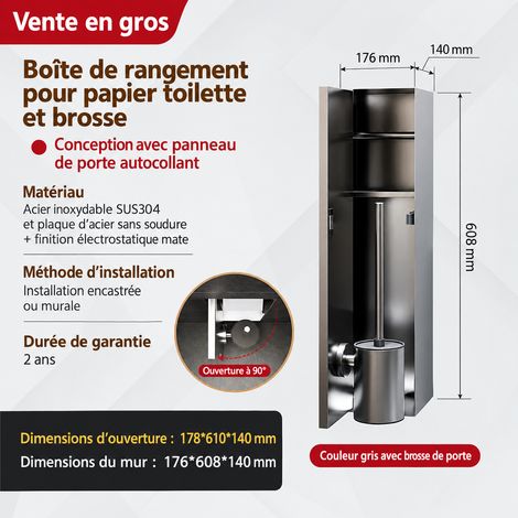 Niche Murale WC Inox Gris Pistolet Porte-Papier et Brosse WC - Ouverture Porte à Droite Rangement Encastré 50 kg – Livraison gratuite