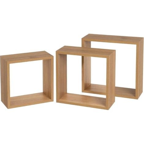 Étagère murale - JUANIO - Lot de 3 cubes effet chêne miel - MDF 12 mm recouvert PVC - Dimensions variées (1/3)
