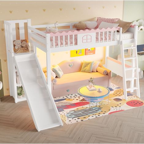 cama alta infantil con tobogán, LED y estantes 90x200 DESVIAE (1/5)