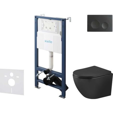 kielle Genesis New - Set bâti-support, WC Oudee, Vortex Rimless+, abattant softclose et bouton-poussoir Gemini New I, noir mat 30528SS91 (1/5)