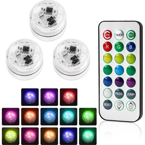Lot de 3 mini lampes LED submersibles étanches RGB pour le Nouvel An 2026, avec télécommande et couleurs changeantes. Fonctionnent sur piles et sont sans flamme. Idéales pour la décoration de piscine, (1/5)