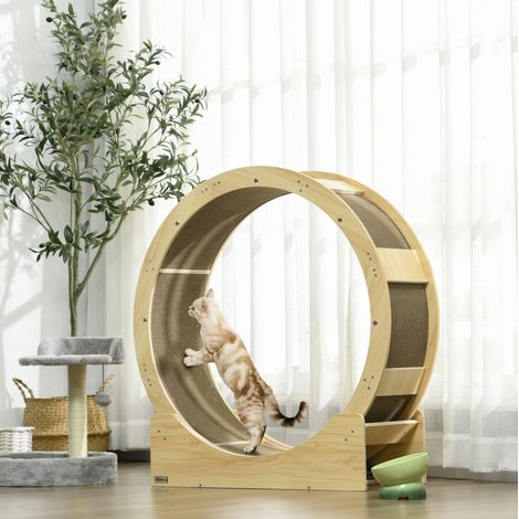 Roue d'exercice pour chat 91 cm avec frein et griffoir, en bois, coloris chêne DESVIAE (1/5)