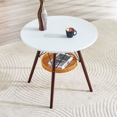 Runder Esstisch Ø 80 cm,Tischplatte aus weißem MDF, Tischbeine aus walnussfarbenem Massivholz, kombiniert mit einer schwebenden, geflochtenen Ablagekorbkonstruktion, geeignet für 2 bis 4 Personen. (1/5)