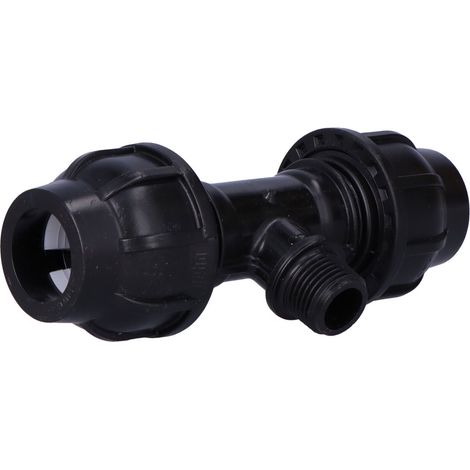 Tee di compressione PP 90 gradi 25x1/2"x25 GZ filettatura esterna PN16, per tubi in PE, nero (1/3)