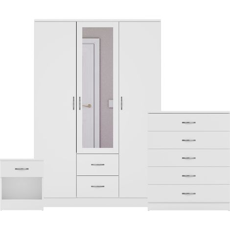 Riano 3 Piece Bedroom Set (1 Drw Bedside Chest, 5 Drw Chest, 3 Dr 2 Drw Mirrored Wardrobe), White (1/3)