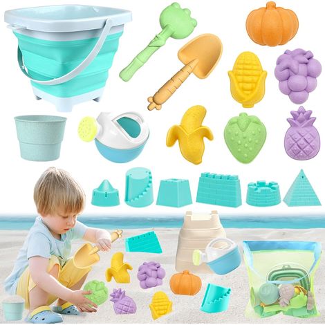 Jouet de Plage Enfant,Kit de Jeu de Plage Enfant avec Seau Pliable Enfants,18 pièces Jouet de Sable,avec Sac en Filet,Roue À Eau, Pelle Râteaux Moules à Sable Jouets de Plage pour Enfants (1/5)