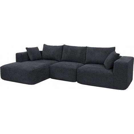 Ensemble canapé HWC-P20, canapé 3 places, tissu/textile velours côtelé (370 g/m2) Surface de couchage à gauche- gris fon (1/5)