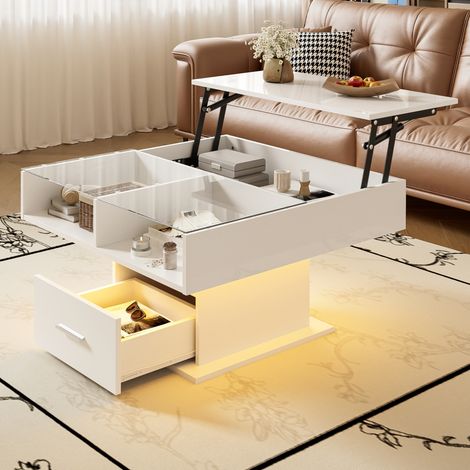 Table basse relevable en panneaux de particules blanc 78x78 cm avec LED, hauteur réglable et rangement (1/5)