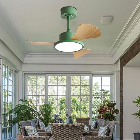 Ventilateur plafond LED 76 cm, 40W, 6 vitesses, télécommande, interrupteur mural, moteur silencieux, 3 pales ABS——Vert et finition bois (1/5)