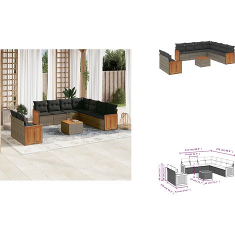 10-tlg. Garten-Sofagarnitur mit Kissen Grau Poly Rattan - Gartenmöbel Set - PE-Rattan Möbel - Outdoor Lounge - Esstisch - Sofasatz (1/3)