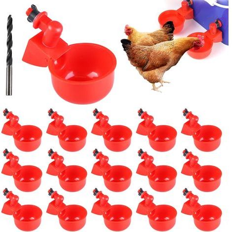 16 Automatic Chicken Waterers, Red ABS, 8.5x6.8 cm, For Poultry and Rabbits (1/5)